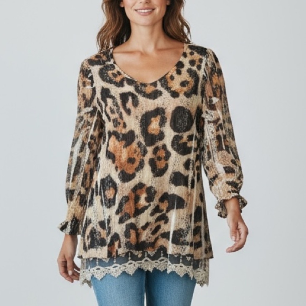 Origami Leopard Print Lace Trim Layered Blouse Top Animal Print Boho‎ Chic S